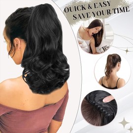 RPAEOY Ponytail Extension Synthetic Thick Claws Clip Hair Bun Long Wavy Hair Extension Hair Ponytail Hair Clips Women's Long Curly Ponytail Hair Clip (Black)