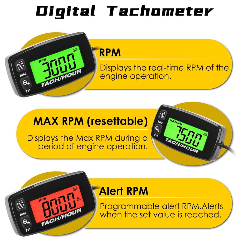 NInE-ROnG Self-Powered Tacho/Hour Meter,Built-in Replaceable Battery,Ajustable Backlight,Waterproof Tachometer for Gas