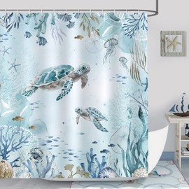 Bonhause Shower Curtain Sea Turtle Blue Ocean Beach Coast Shower Curtains 180 x 200 cm Anti-Mould Waterproof Polyester Fabric Washable Bathroom Curtain for Bathroom with 12 Hooks