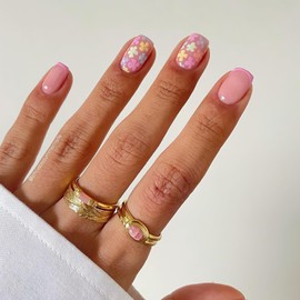 Mkwntg Flower Press on Nails Short Square Fake Nails, Pink French Tip False Nails with Small Floral Designs Glossy Spring Summer Full Cover Glue on Nails for Women Girls DIY Artificial Nails 24Pcs