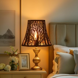 Square Cut Corner Metal Lamp Shades, 7" Top x 12" Bottom x 10.5" High Medium Bell Lampshade (Spider Fitter), Etched Forest Lampshades for Table Lamps and Floor Lamps, Bronze Gold Tree Pattern