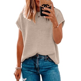 Women Short Sleeve Sweater Tops Spring 2024 Sleeveless Sweater Vest Casual Knit Cap Sleeve Sweater Tanks Khaki S