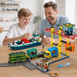 HOGOKIDS City Wharf Building Set with Crane - Includes Ship Train Truck, 4 Containers with Cargo Harbor Building Blocks | Large Construction Toy for for Adults Teens Kids Girls Boys 6-14+（1373PCS）