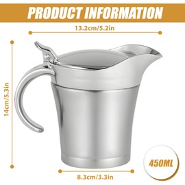 GOEDCH Stainless Steel Thermal Gravy Boat 450 ml: Double Insulated Sauce Jug with Hinged Lid and Handle, Elegant Silver Sauce Jug Double Walled Sauce Jug for Serving Sauce, Vanilla Sauce, Cream
