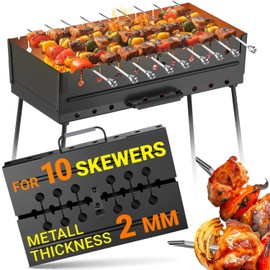 Charcoal Grill for 10 Skewers - Portable Barbecue Kabob Camp Grills - Foldable Metal Mangal - Kebab Shish BBQ for EDC Picnic Outdoor Cooking Camping Hiking N10