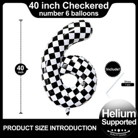 LHOAVWE Checkered Number 6 Balloons 40 Inch Giant Race Car Checkered 6 Balloons for Racing Car Checkered Birthday Party Supplies