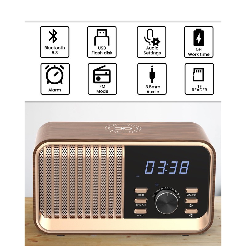 MONODEAL Alarm Clock Radio with Fast Wireless Charging,Support Bluetooth 5.3/FM