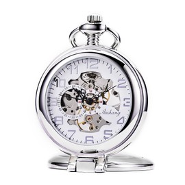 TREEWETO Steampunk Mechanical Pocket Watch for Men Women Silver Case Skeleton Dial with Chain +Box