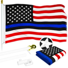 G128-5 Feet Spinning Flagpole (White) Blue Lives Matter Flag Brass Grommets Embroidered 2x3 ft (Flag Included) Aluminum Flag Pole