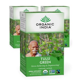 Organic India Tulsi Green Herbal Tea - Holy Basil, Stress Relieving & Empowering, Immune Support, Vegan, USDA Certified Organic, Premium Darjeeling Green Tea, Caffeinated - 18 Infusion Bags, 3 Pack