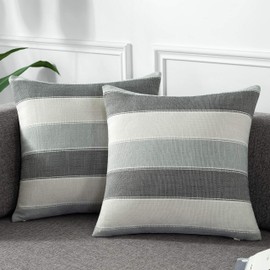AmHoo Pack of 2 Farmhouse Stripe Check Throw Pillow Covers Set Case Cotton Linen Decorative Pillowcases Cushion Cover for Couch Bench Sofa 16x16Inch Dark Grey Beige