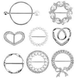 FHUIEWRY 8PCS Pearl Rhinestone Scarf Ring Clips, Glitter T-shirt Ties Clips Elegant Scarves Waist Buckles, Clothes Corner Knotted Button for Women Decorative Accessories(Silver)