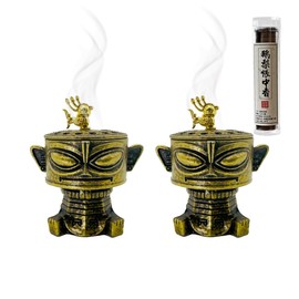 Sanzingdui Bronze Mask Incense Burner, Ancient Chinese Style Alloy Meditation Incense Holder for Yoga, Home & Office Desk Art Decor with Coil Incense-2 Packs