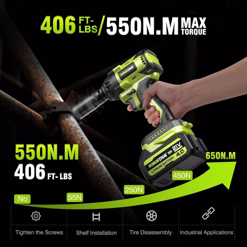 ‎Robustrue Cordless Impact Wrench 1/2 550Nm 2800RPM 2x4.0Ah Battery for