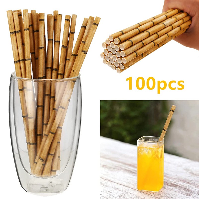 Bamboo Straws for Drinking, 100 Pack Disposable Yellow Bamboo Pattern