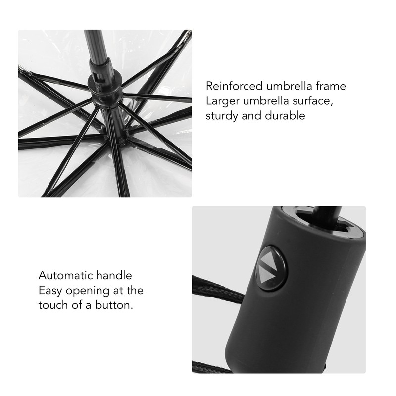 Clear Automatic Foldable Umbrella 8 Ribs 3 Folding Black Edging