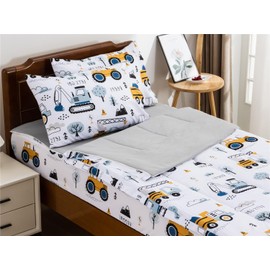 NTBED Construction Truck Printed Zipper Bedding Sets Twin Lightweight Microfiber Forest Car Comforter Sets with Fitted Sheet Pillow Covers,White Grey