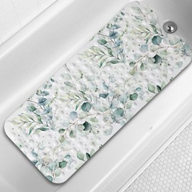 Azppsad Bathtub Mat Non Slip, 40x16 inch Bath and Shower Safety Mats, Watercolor Green Leaves and Branches Tub Mat for Bathroom, Tub Shower Mat with Drain Holes and Suction Cups