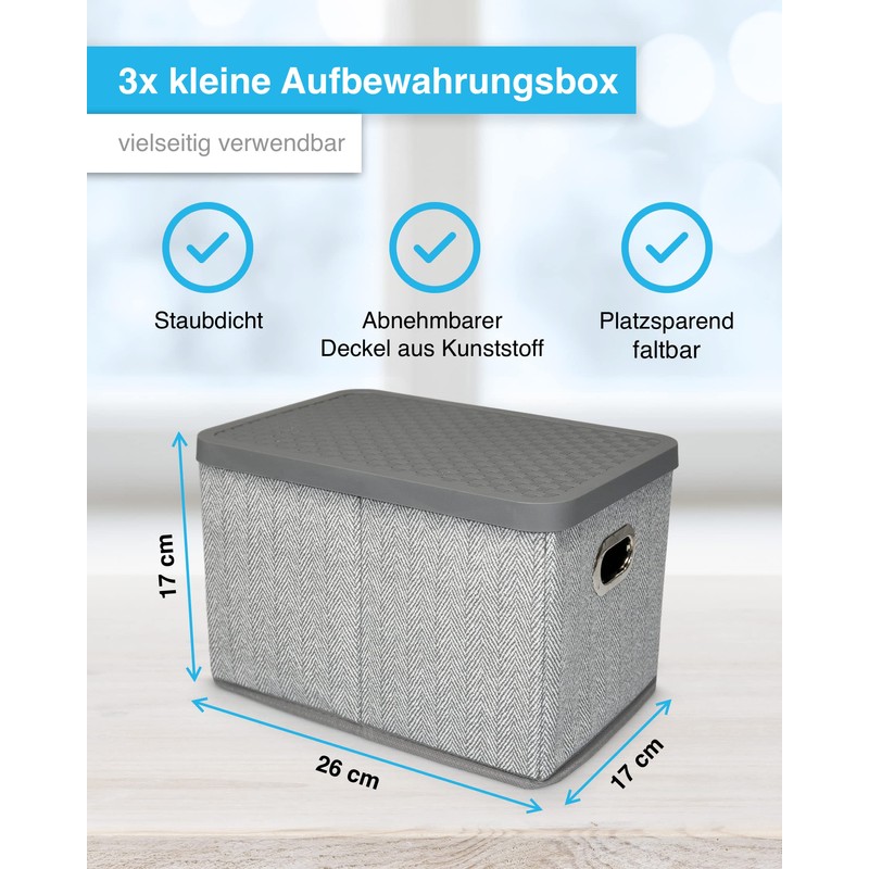 TOPP4u 3 x Small Storage Boxes with Lid, High-Quality Fabric