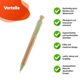 WPRO Filly Bamboo and Plastic Wheat Straw Ballpoint Pens Green Sustainable Eco Set of 8