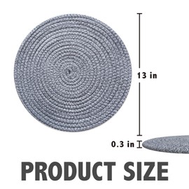 Round Placemats Set of 6, Cotton Rope Woven Table Mats, Hot Pads for Kitchen, Non Slip Heat Resistant Place Mats, 13 Inches Braided Placemat for Farmhouse Decor and Kitchen Table Decor (Gray)