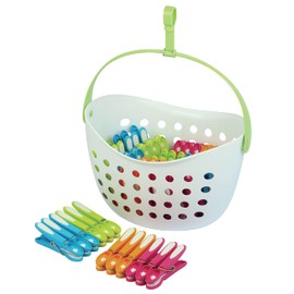 Laguelle Basket with 48 Non-Slip Clips - French Product - White Basket - Various Clips (Green, Blue, Orange, Pink)