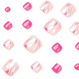 Rose Pink Press on Toenails Short Square Fake Toe Nails with Colorful Swirls Designs Cute Toenail Press ons Summer False Toenails Glossy Full Cover Artificial Stick on Nails for Women 24Pcs