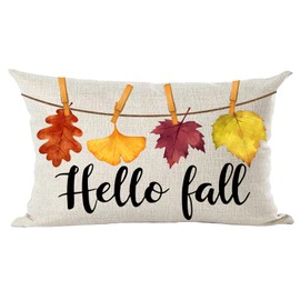 Ramirar Watercolor Brown Orange Maple Leaves Hello Fall Y'all Autumn Decorative Lumbar Throw Pillow Cover Case Home Living Room Bed Sofa Car Cotton Linen Rectangular 12 x 20 Inches