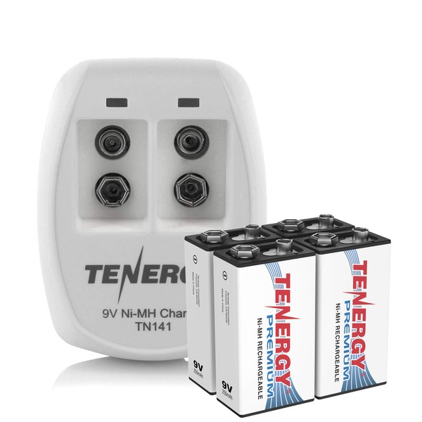 Tenergy TN141 - Cargador inteligente de 2 bahías de 9 V con 4 baterías recargables de 9 V NiMH de 250 mAh