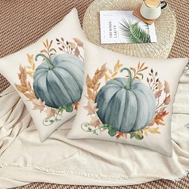 Fall Blue Pumpkin Pillow Covers 22x22 Inch Set of 2 Cute Fall Decoration Watercolor Pumpkins Leaves Autumn Harvest Decorative Throw Pillows Thanksgiving Farmhouse Decor Cushion Case for Sofa Couch