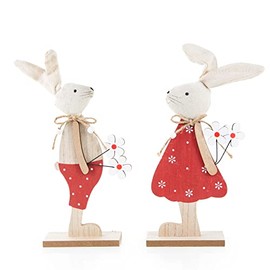 Logbuch-Verlag Pair of Easter Bunnies, Wooden Bunny, Man and Woman, Red, Natural, 22 cm, Easter Decoration to Stand Up and Give as a Gift
