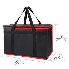 Bodaon Insulated Food Delivery Bag, XX-Large Reusable Grocery Shopping Bags, Picnic Cooler Bag Zipper/Zippered Top Cold, Black with Red Edge, 2-Pack