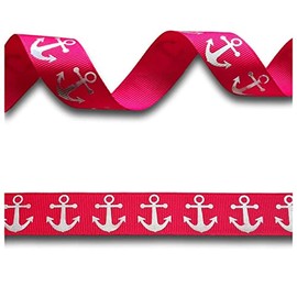 2 Yards (1.82 metres) Red & Silver Foil Anchor Grosgrain Ribbon 22mm Wide, Ideal for Craft Projects, Scrapbooking, DIY Hair Bows, Present Wrapping etc.