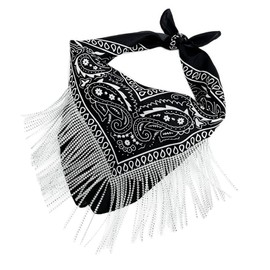 Women Finged Bandana Western Cowgirl Scarf Rhinestone Tassel Neckerchief Bachelorette Last Disco Party Favor (Black)