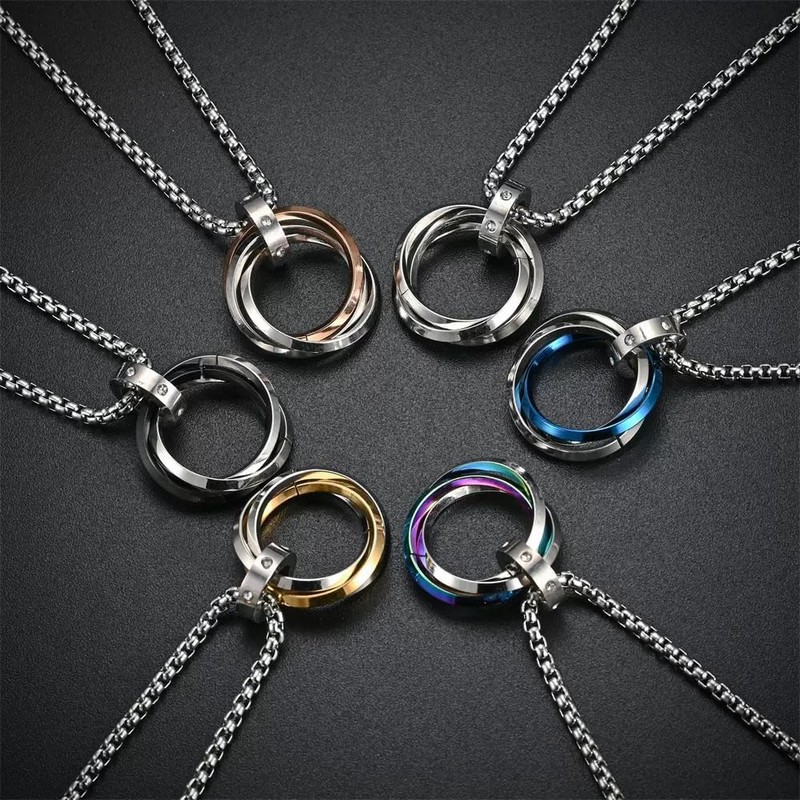 LinnWell Triple Ring Necklace Titanium Steel Necklace Three Interlocking Braided