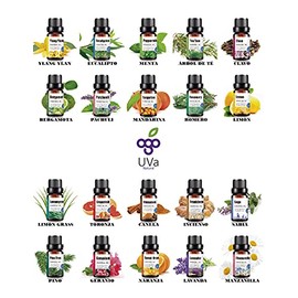Uva Natural - Set 20 Aceites Esenciales Para Difusor y Aromaterapia, 10 ml | 20 aromas diferentes para difusor, aromaterapia, masajes, spa, humidificador y bienestar diario.