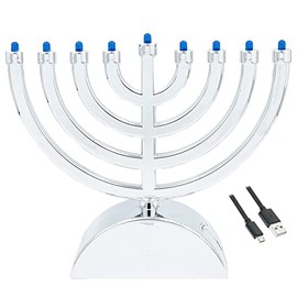 The Dreidel Company Mini Electric Classic Menorah, Classic Hanukkah Menorah, LED, Travel, Batteries or USB Powered, Micro USB 4' Cable Included (Silver Shiny)