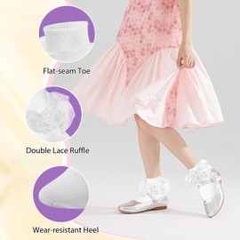ANEETAFAN 3 Pairs Girls White Ruffle Socks - Turn Cuff Lace Big Double Ruffle Socks Princess Dress Socks Cotton Anti-slip Ankle Socks for Kids（8-10 Years）