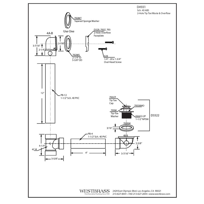 Westbrass Tip-Toe Sch. 40 ABS Bath Waste with Two-Hole Elbow,