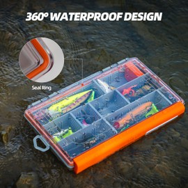 RUNCL Fishing Tackle Box - 360° Waterproof Tackle Trays, 3700 Fishing Tackle Box Organizer with Adjustable Dividers for Jigs Lures, Orange, 1 Pack