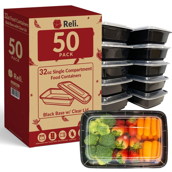Reli. Meal Prep Containers (50 Pack, 32 oz.) | 1 Compartment Food Containers with Lids | Microwavable Freezer Dishwasher Safe - Bento Box