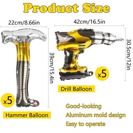 10 Pieces Hammer Balloons Drill Balloons 17 Inch Inflatable Construction Party Decorations Electric Screwdriver Decorations for Father's Day Husband Boyfriend Birthday Party
