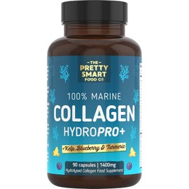 Powerful Marine Collagen Tablets - with Hyaluronic Acid, Biotin & Blueberry - 1400MG Complex - Hydrolysed Type 1 - with Vitamins & Minerals - 90 Capsules - Made in The UK by The Pretty Smart Food Co