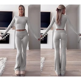 ZFLM Casual Workout Two Piece Outfits Long Sleeve High Waist Fold-over Flare Flared Leggings Pants Tracksuit Sets Streetwear