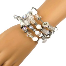 Crystal Clear and Winter White Memory Wire Bracelet, Silver Plated Brass, Beaded, Coiled