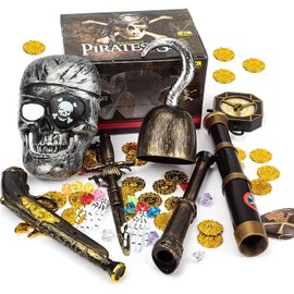 Pirate Treasure Play Set for Kids,Pirate Role-Play Toys,Pirate Costume kids Accessories with Pirate Mask,Gold Coins,Pirate Hook,Compass,Telescope,Plastic Sword,Eye Patch,Badge for Party Decor.