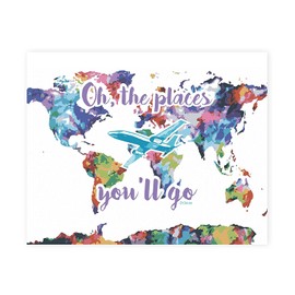 Wall Map 12x18 Inch Print, Nursery Decor, World Map Wall Print Oh the Places You'll Go, Dr. Seuss Nursery Wall Print, Nursery Wall Print Quote, Watercolor Décor, Airplane Décor
