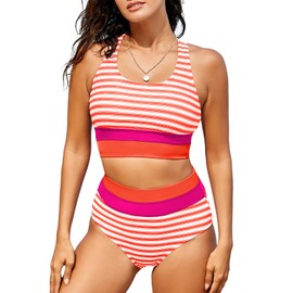 Dokotoo Women's Bikini Sets for Women High Scoop Neck High Waisted Two Pieces Swimsuits Color Block Striped Crop Padded Top Modest Bottom Bathing Suits(Medium, Orange)