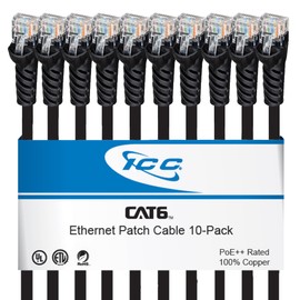 ICC CAT6 Ethernet Patch Cord 3 FT 10-Pack, UTP 24 AWG UL Listed, PoE++, 100% Stranded Copper Snagless Patch Cable for Patch Panel to Network Switch for Data Center, Office, and Home, 3 Feet Black
