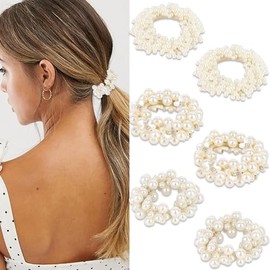ANBALA 6 Pcs Pearl Hair Scrunchies Fashey Beaded Hair Ties Decorative Flower Ponytail Holder for Women Girls